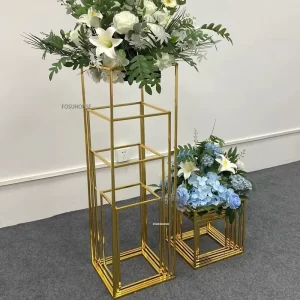 kf-S0f2c8650315547c9bd1cb93abe95b856B Electroplated Gold Square Frame Vase Stand Metal Road Lead Wedding Table Centerpiece Flower Rack Event Party Decorations