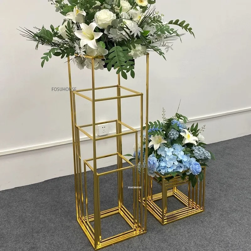 Electroplated Gold Square Frame Vase Stand Metal Road Lead Wedding Table Centerpiece Flower Rack Event Party Decorations